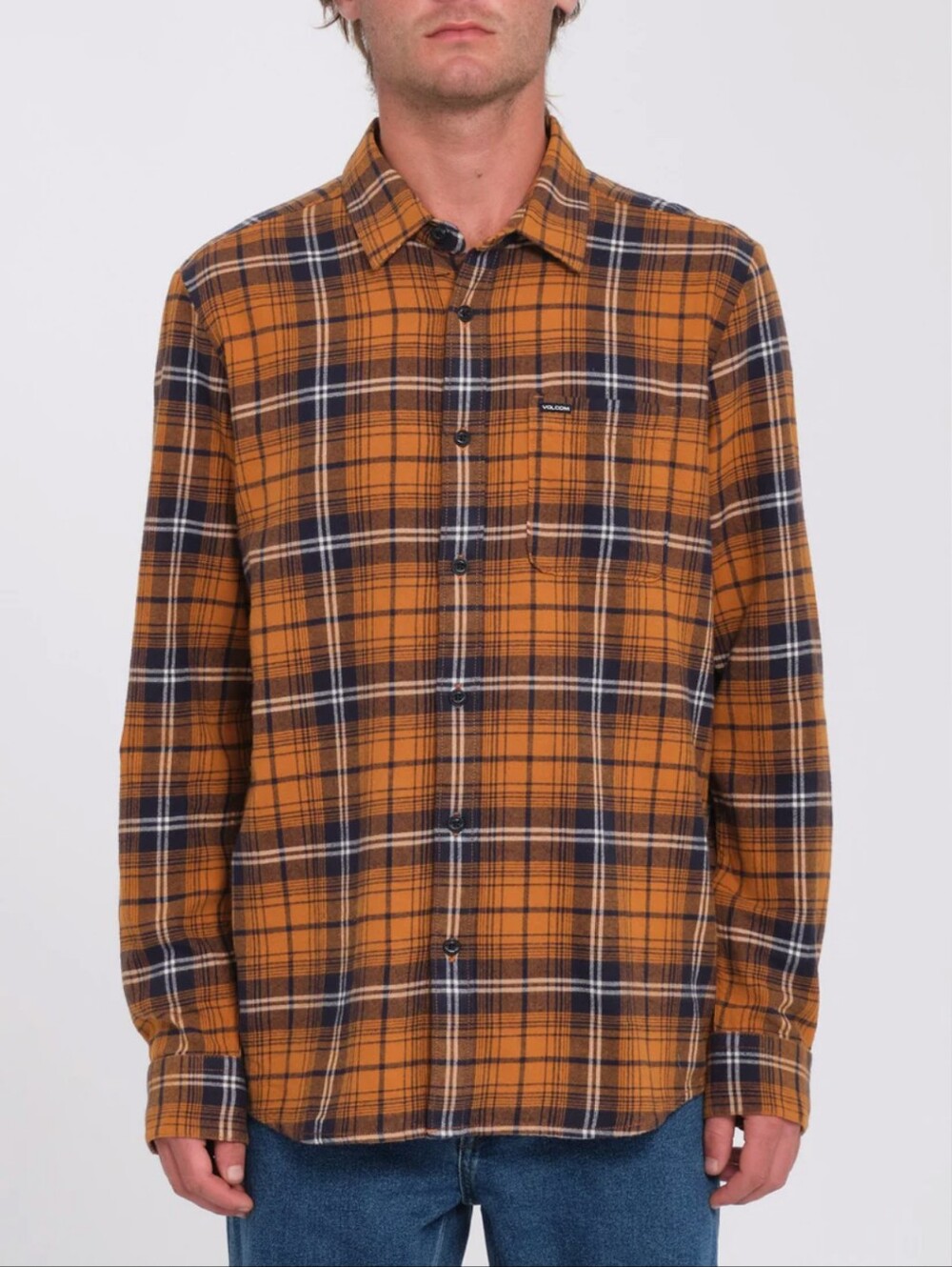 Volcom Caden Plaid Button Up Chestnut Brown & Navy